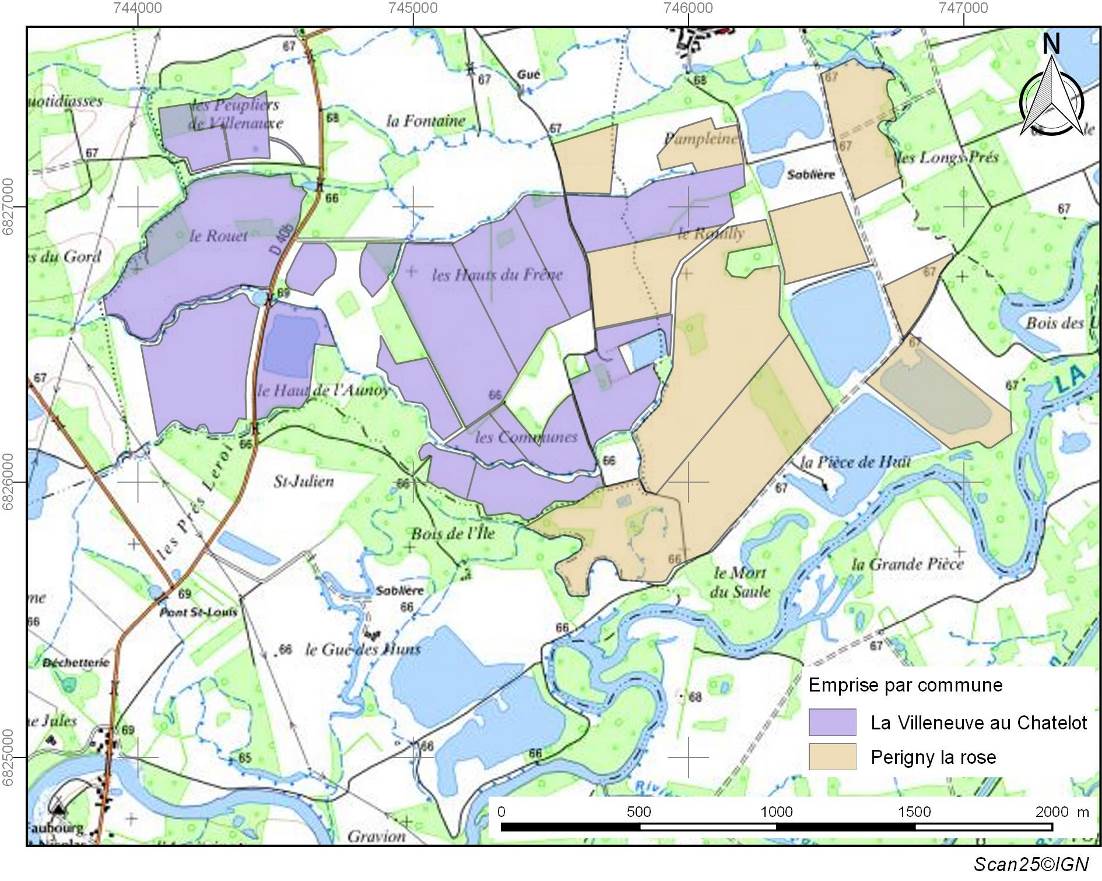 Localisation des emprises de diagnostic réalisé au cours des 22 dernières années sur les communes de la Villeneuve-au-Châtelot et de Périgny-la-Rose