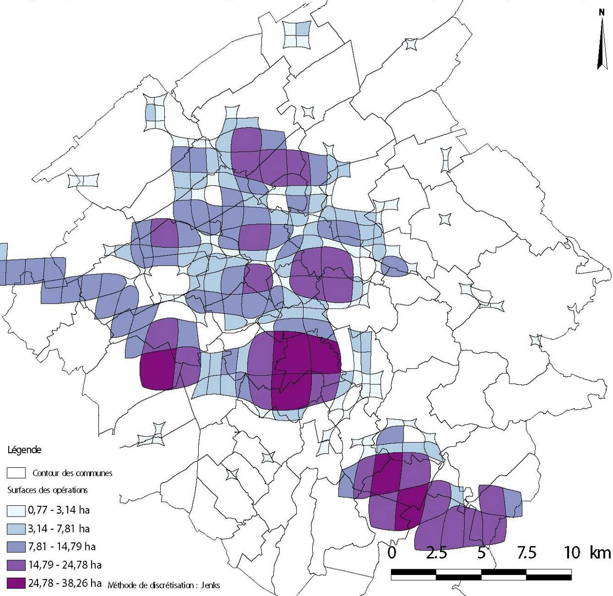 Cartogramme, sur base de carrés de 1km de côté. Visualisation quantitative des surfaces des opérations de diagnostics, dans la plaine